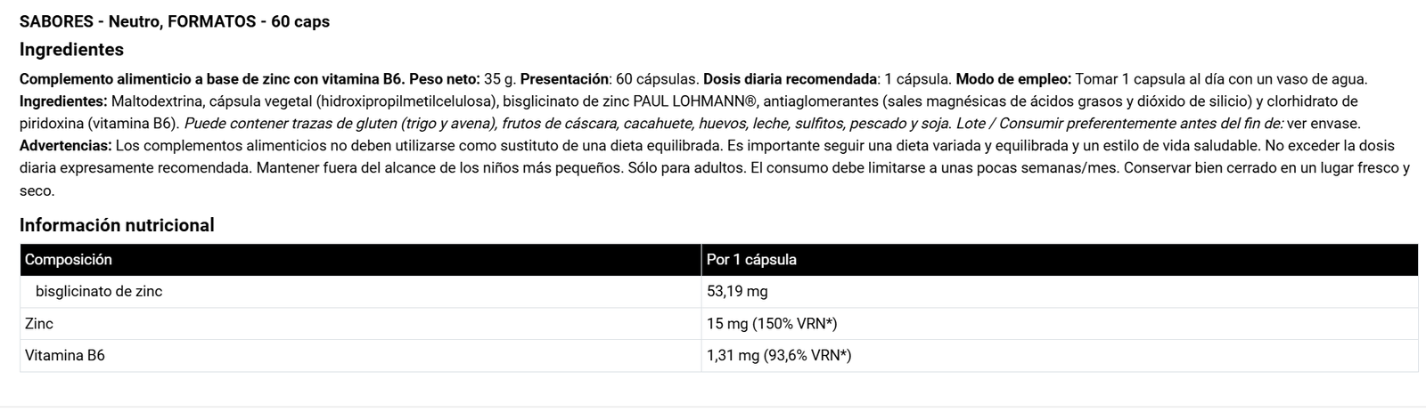 Zinc Bisglicinate IoGenix 60caps - Imagen 2